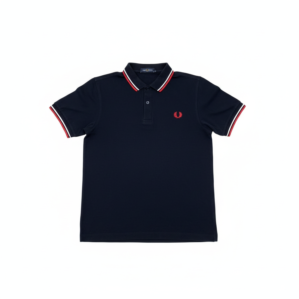 Fred Perry Navy Red-White Tipped Polo White Background