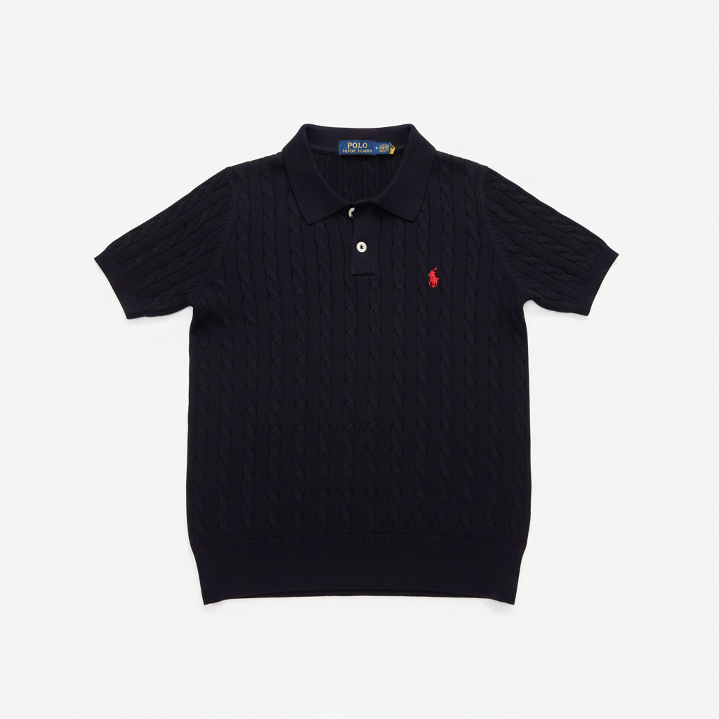 Ralph Lauren Cable-Knit Polo Navy White Background